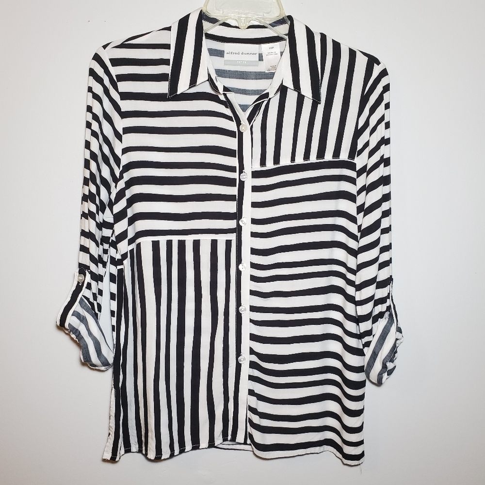 ALFRED DUNNER Stripe Collar Blouse White & Black Size 10P - Picture 2 of 9